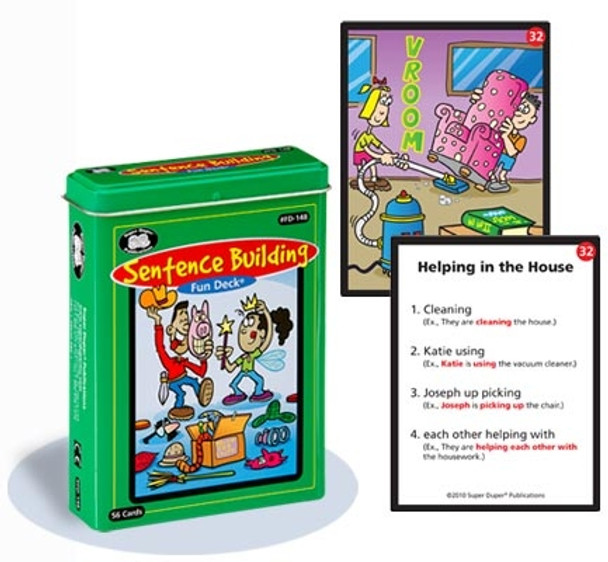 Sentence Building Fun Deck, educational card game with colorful illustrations for children and example sentences for language learning.