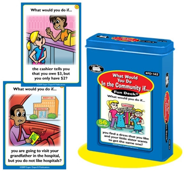 What Would You Do In the Community? Fun Decks, educational card game with illustrations of a cashier and a visitor at a hospital scene for children.
