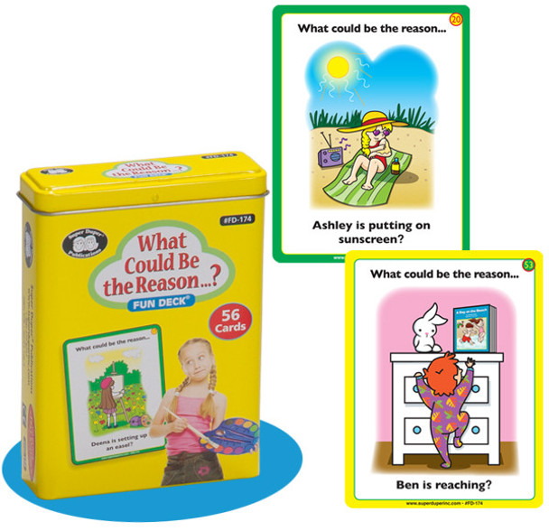 What Could Be the Reason...? Fun Deck, educational card game for children with illustrated cards depicting scenarios like a girl putting on sunscreen and a boy reaching for a TV, aimed at encouraging reasoning skills.