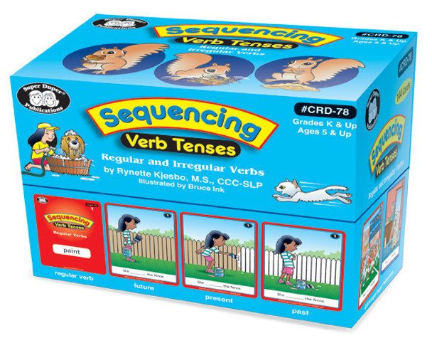 Sequencing Verb Tenses educational game, colorful box with cartoon children and animals illustrating progressive verb forms for grades K and up