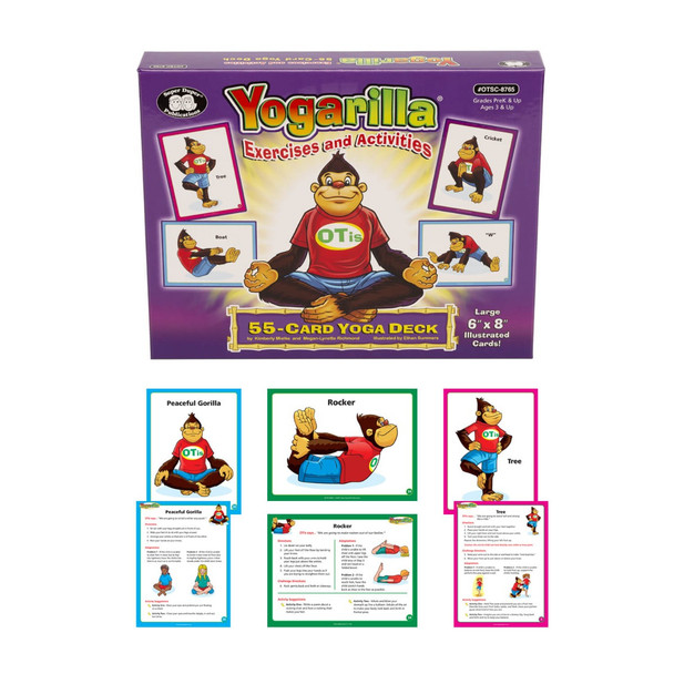Yogarilla Exercises and Activities Card Yoga Deck, colorful box showcasing cartoon character Yogarilla in various yoga poses for all ages.