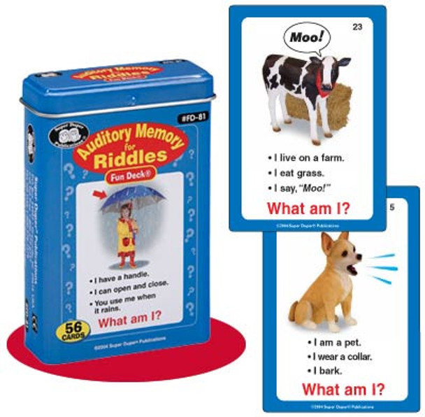Auditory Memory for Riddles game, blue card deck and example cards showing animals with clues and questions for children. Auditory Memory for Riddles game, blue card deck and example cards showing animals with clues and questions for children.