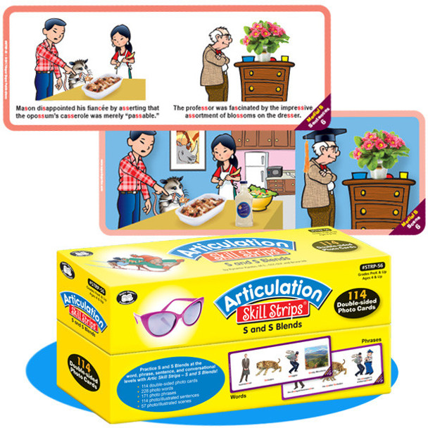 Articulation Skill Strips, educational double-sided cards for practicing S and S blends with 114 photo-illustrated scenes and phrases.