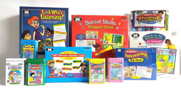 Educational game products for social skills, inference, pragmatics, and listening skills including social skills cards, game boards, and fun decks for children.