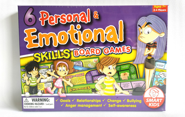 Personal & Emotional Skills Board Games, colorful box with cartoon characters and game details for kids 7+.