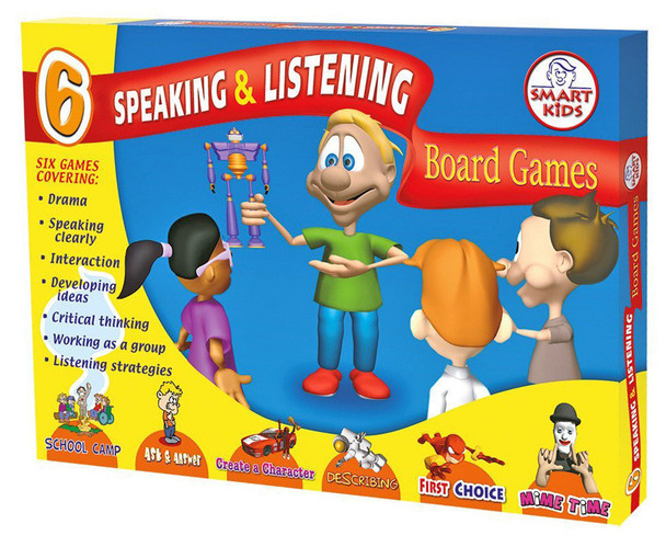 Speaking & Listening Board Games, children's educational card game box featuring cartoon children and a teacher character, designed for developing speaking, listening, and social skills. Speaking & Listening Board Games, children's educational card game box featuring cartoon children and a teacher character, designed for developing speaking, listening, and social skills.