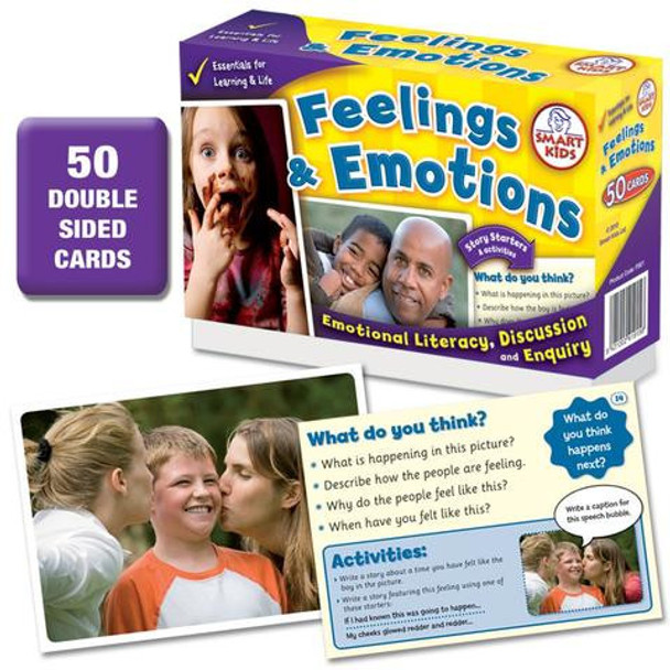 Feelings & Emotions, educational card game with 50 double-sided cards for emotional literacy, discussion, and inquiry for children.