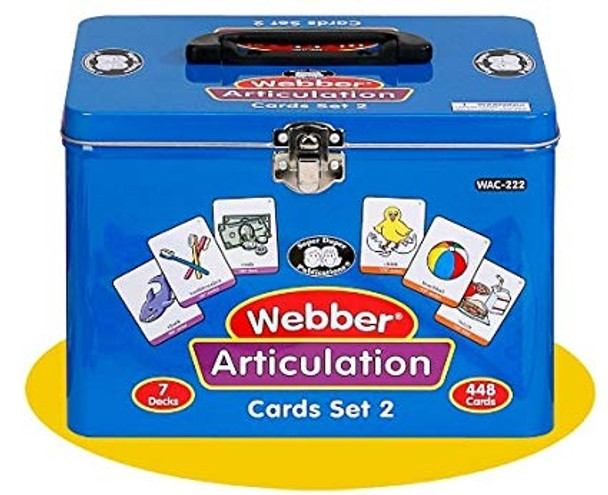 Webber Articulation Card Set 2, blue metal storage box with lid and handle containing 448 educational cards for speech therapy and articulation practice.