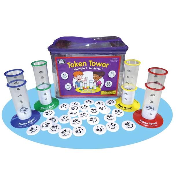 Token Tower, educational science game with colorful test tube racks, smiley face tokens, and a storage bag, designed for children to encourage motivation and reinforcement in learning.