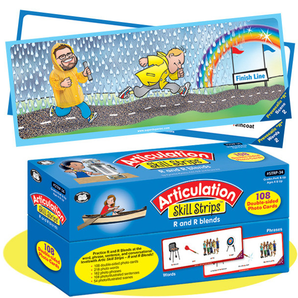 Articulation Skill Strips R and R Blends, illustrated comic-style image of two children running outdoor with a rainbow and finish line in background. Articulation Skill Strips R and R Blends, illustrated comic-style image of two children running outdoor with a rainbow and finish line in background.