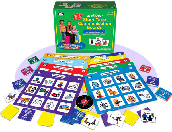 Webber Story Time Communication Boards, educational storytelling and communication game set with colorful cards and tokens for children.