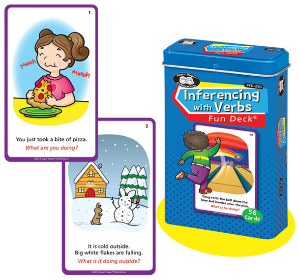 Inferencing with Verbs Fun Deck, educational card game with colorful illustrations showing a girl eating pizza and a snow scene with a snowman, designed to teach children inferencing skills.