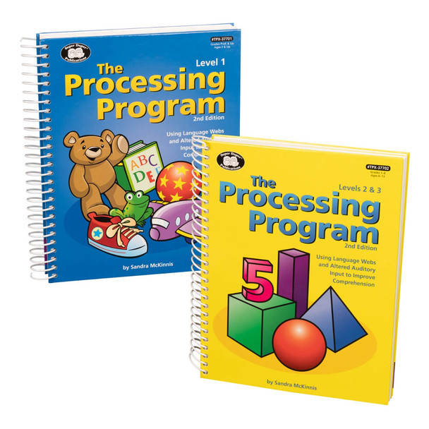 The Processing Program, educational workbooks for level 1 and levels 2 & 3 with colorful geometric shapes and a bear mascot on the cover.
