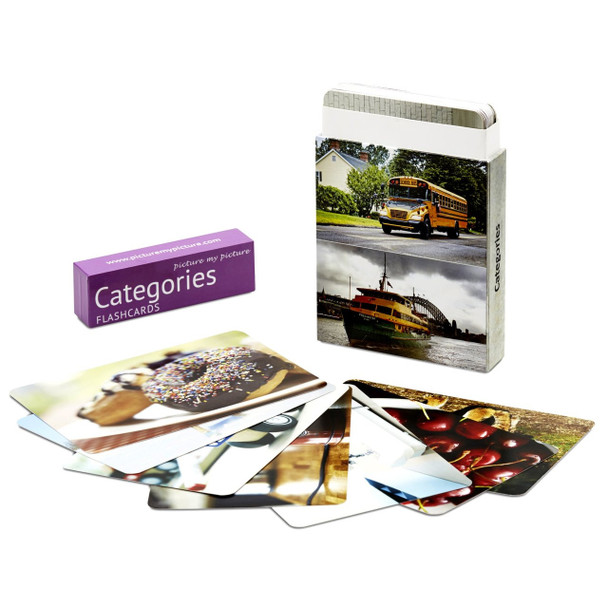 Photo of picture flashcards featuring categories, including images of food, cherry, boat, and transportation for learning purposes.