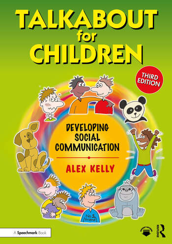 Developing Social Communication, children's book cover with cartoon kids demonstrating social interactions and communication skills.
