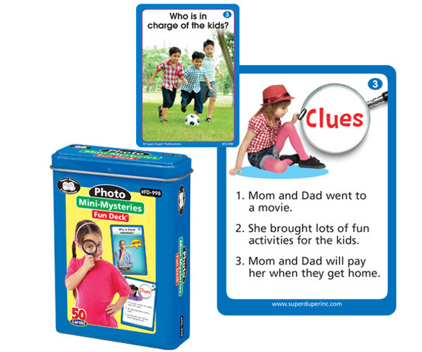 Photo Mini-Mysteries Fun Deck, children playing with a card game for kids.
