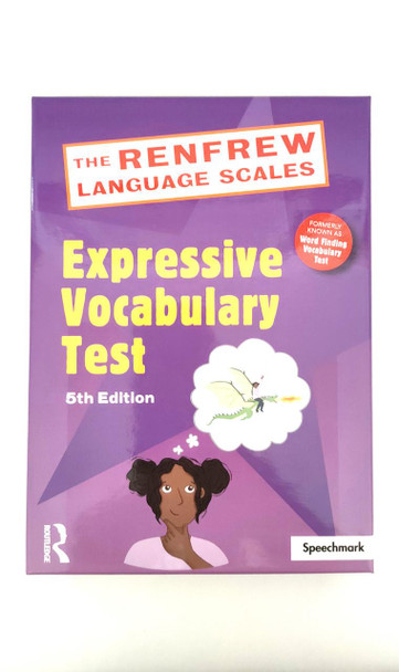 Expressive Vocabulary Test, 5th Edition, purple book cover featuring a cartoon girl with pigtails and a thought cloud with a dragon and a flying character, for language development and vocabulary assessment.