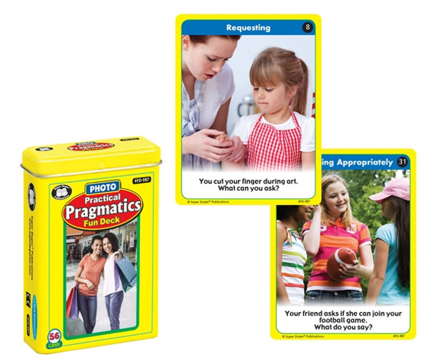 Practical Pragmatics Fun Deck card game, featuring cards with classroom scenarios for teaching social skills and communication.