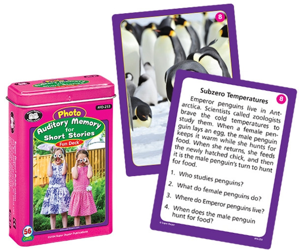 Educational Card Game, Fun Deck featuring Emperor penguins with science facts and quiz questions about penguin habitat and behavior.