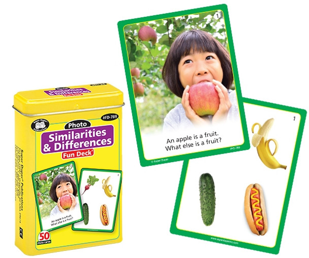 Photo Similarities & Differences Fun Deck, educational card game featuring a girl eating an apple and matching fruit and hot dog images for learning and fun.