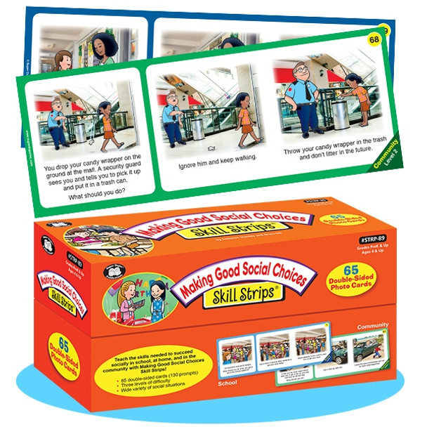 Making Good Social Choices Skill Strips, packaging of 65 double-sided photo cards for teaching social skills and decision making to children.