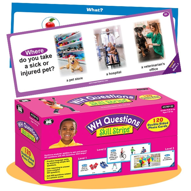 WH Questions Skill Strips flashcards, educational learning tool for children with colorful packaging, featuring images and text for practicing 'Where' questions about locations like a pet store, hospital, and veterinarian's office.