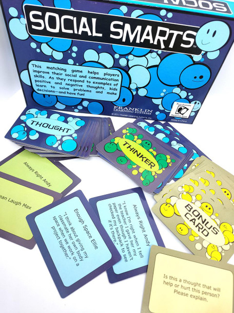Social Smarts Board Game, package with game questions and rules along with game components and answer cards for social skills development.