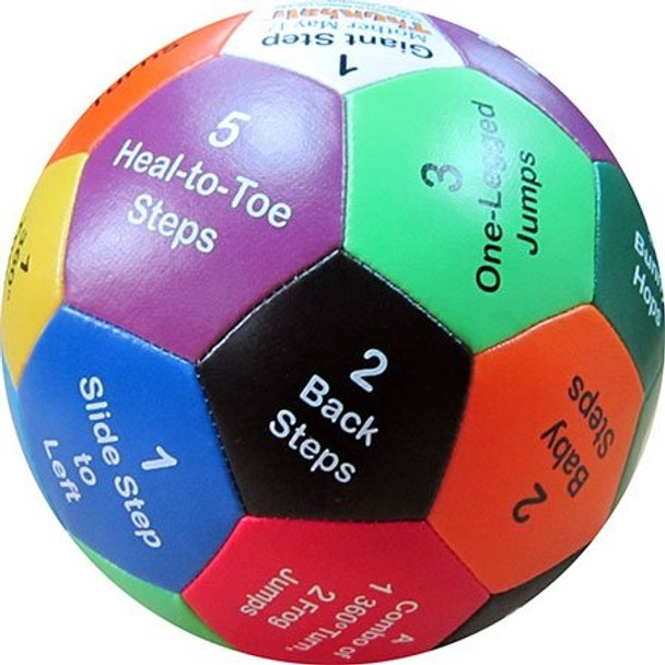 Colorful fitness ball with numbered sections explaining a step-by-step exercise routine, including steps like 'Slide 1 Step,' 'Back 2 Steps,' and 'Heal-to-Toe 5 Steps'.