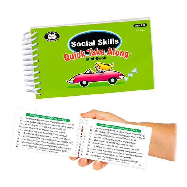 Social Skills Quick Take Along Mini-Book, colorful spiral-bound mini-book with a cartoon illustration of a girl in a pink car on the cover.
