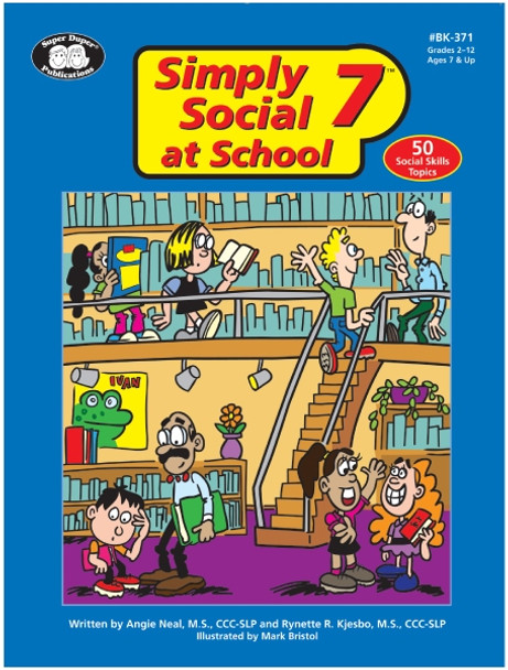 Simply Social 7 at School, educational textbook cover featuring cartoon students in a school library with bookshelves, stairs, and vibrant illustrations.
