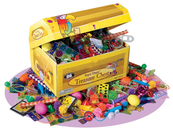 Treasure Chest, colorful plastic jewelry and toy accessories spilling out of a yellow treasure chest box.