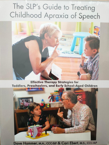 Childhood Apraxia of Speech Treatment Guide, book cover featuring a therapist and a young boy in a therapy session.