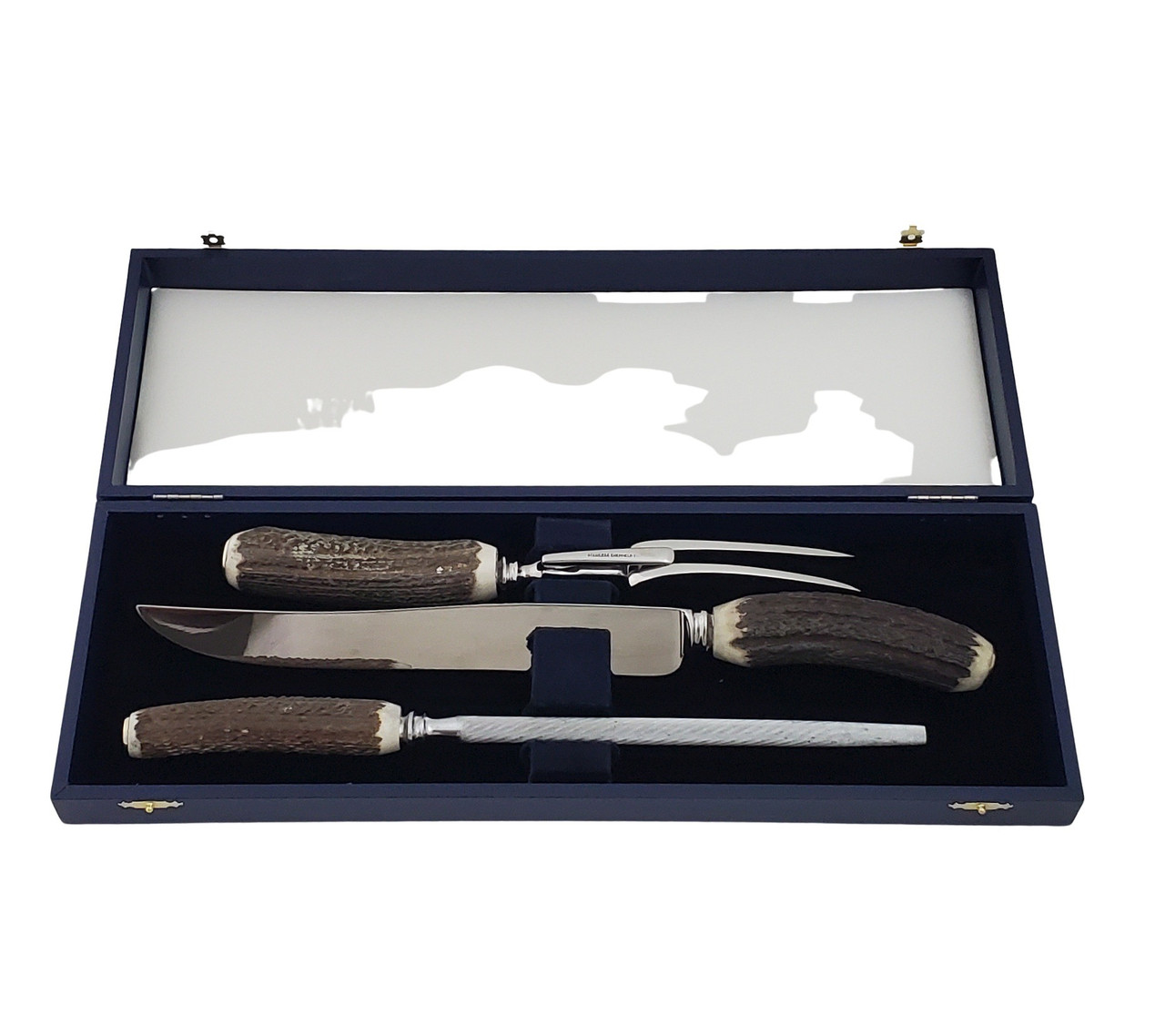 Horn Handle, Silver Plate, 3 Piece Carving Set In Fitted