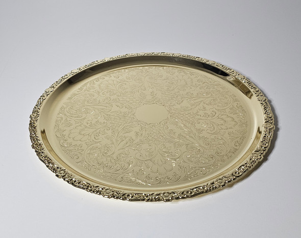 Queen Anne Large Round Flat Tray 14 5/6"dia x 5/8"h  English Silver Plate Tarnish Resistant (Gold Finish). SKU #: Q4/6192.