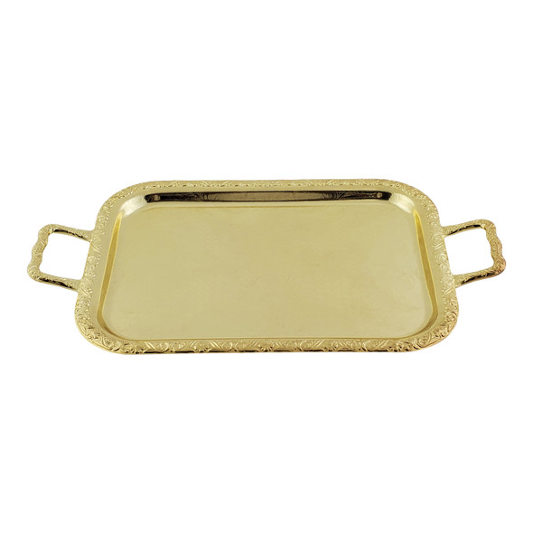 Medium Oblong Tray/Handles 1 1/4" h x 13 1/4"w x 19 7/8"l English Silver Plate Tarnish Resistant (Gold Finish). SKU #: Q4/6220/2.