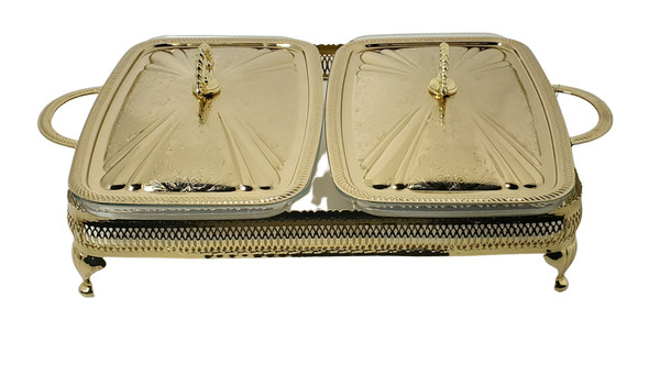 Queen Anne Large Double Casserole/Lids 6"h x 12 1/2"w x 19"l English Silver Plate Tarnish Resistant (Gold Finish). SKU #: Q4/6307.