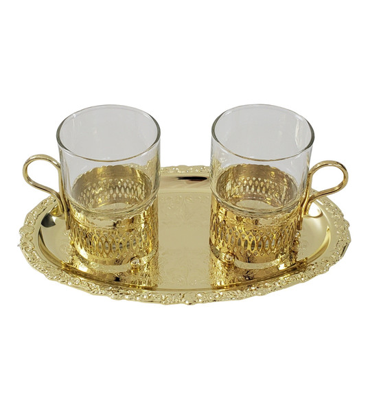 2 Roman Tea Cups on Oval Tray Tray 3 3/4"h x 6"w x 9 3/8"l English Silver Plate Tarnish Resistant (Gold Finish). SKU #: Q4/6321.