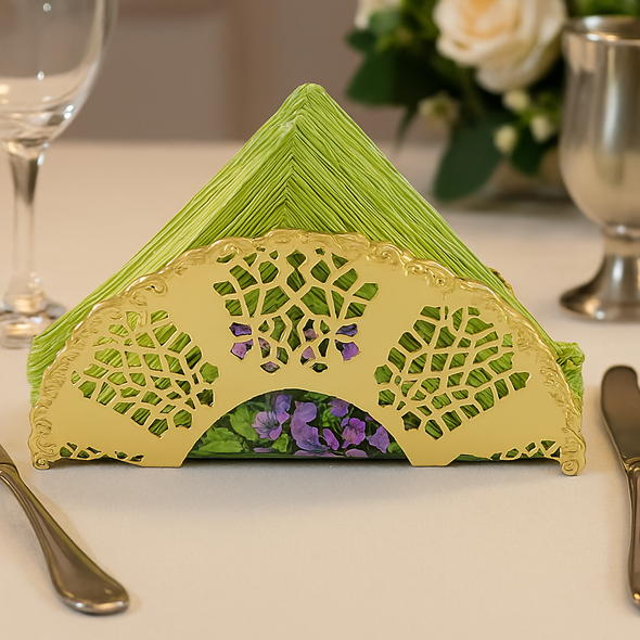 Queen Anne Serviette Holder  3 3/8" h x 1 1/8"w x 6 7/8l English Silver Plate Tarnish Resistant (Gold Finish). SKU #: Q4/6865.