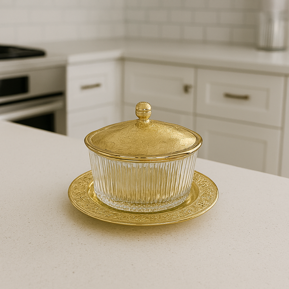 Queen Anne Jam/Butter Dish with Silver Plated Base & Lid with Glass Dish.(Non-Tarnish) GOLD FINISH SKU #: Q4/471.
