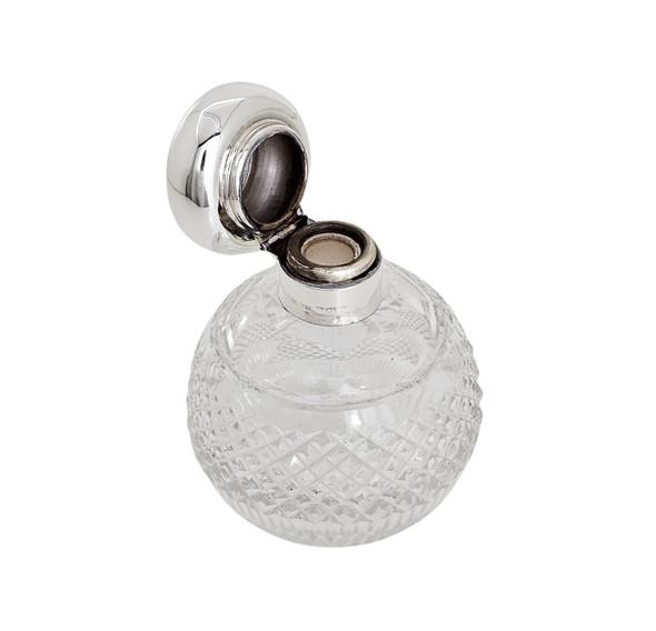 English Sterling/Cut Glass Perfume Bottle 3" dia x 4"h SKU:ANT4133 English Sterling/Cut Glass Perfume Bottle 3" dia x 4"h SKU:ANT4133