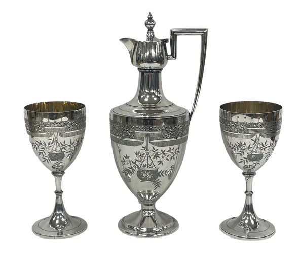 Pair Superb Hand Engraved Goblets 6.75"h With Matching Wine Jug 11.5"h English Silver Plate c.1865. SKU #: ANT2798.