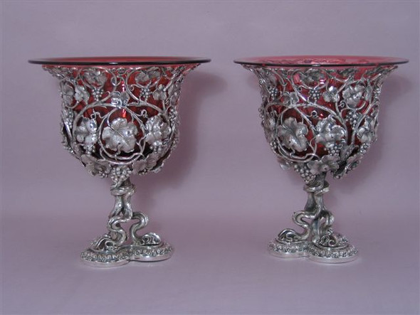 Wine Cooler Grape and Vine Design with Cranberry Liner Silver Plate. SKU #: C118.