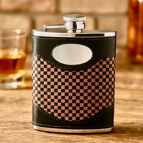 Hip Flask Captive Top, Tartan STAINLESS 6 ounce. SKU #: KMST11.