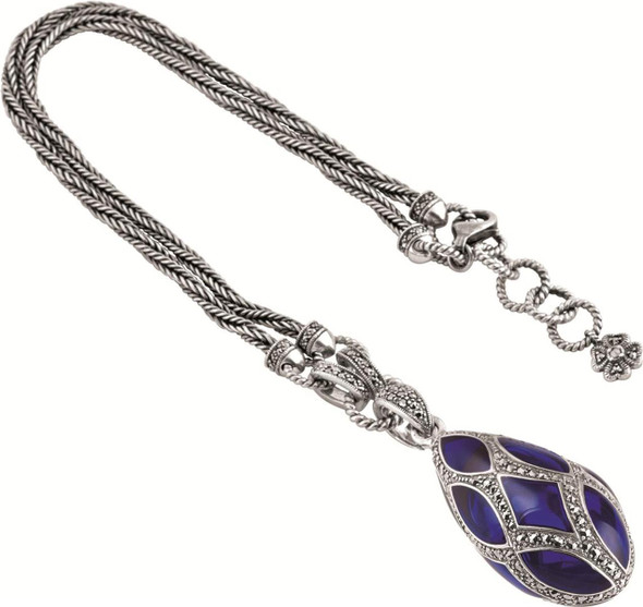 Blue enamel and marcasite set pendant on antique finish mesh chain (NK505)