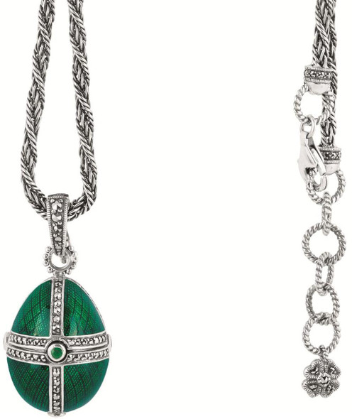 Green enamel and marcasite set hinged keepsake egg with emerald set clasp on antique finish mesh chain (NK511)