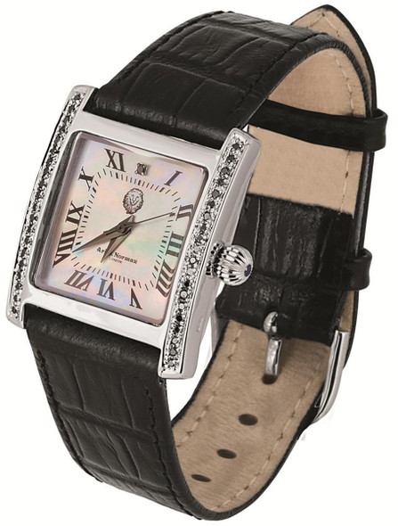 Mother of pearl square dial with 42 black diamonds, 0.37 carats, black leather strap, with silver buckle, swiss movement, water resistant case, black diamond set winder (WTCH6)