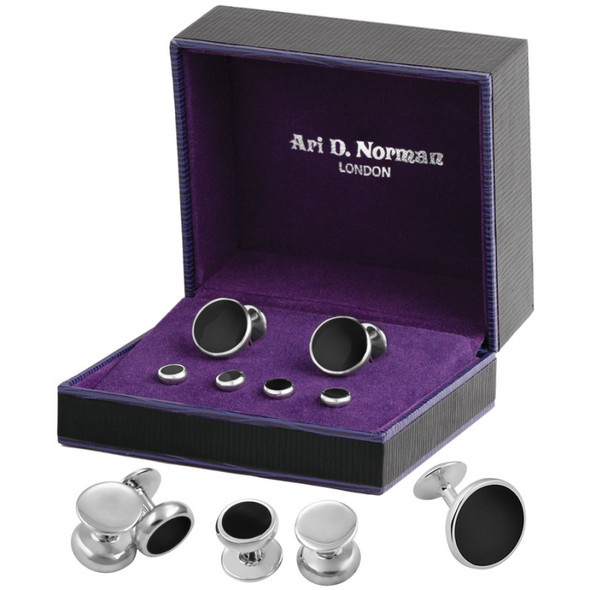 Dress Shirt Set Black Onyx Cufflinks & Studs English Sterling Silver. SKU #: BOX152.