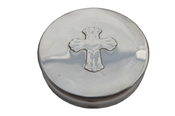 Cross Hinged Round 3.5"Pewter Box. SKU #: EB14709.