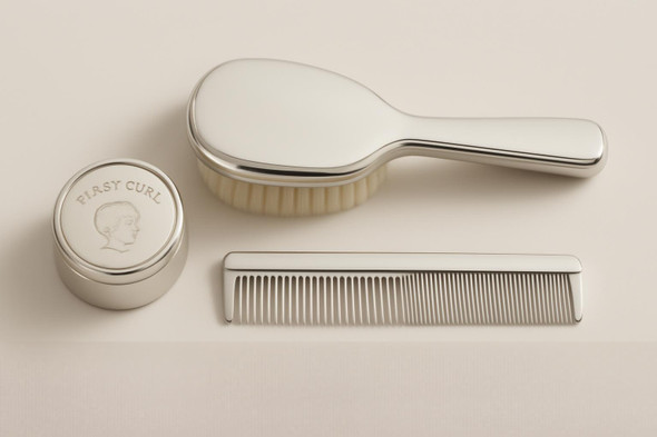 First Curl Boy's Comb & Brush Silver Plate. SKU #: KMJA109. First Curl Boy's Comb & Brush Silver Plate. SKU #: KMJA109.