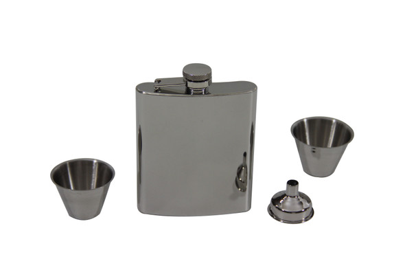 Flask with 2 Shot Glasses and Funnel Boxed Stainless Steel 7 oz. SKU #: KMST3GS.